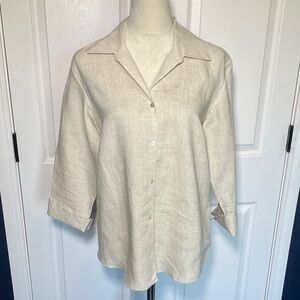 Edward Irish Linen Button Down Collared Shirt in Oatmeal 3/4 Cuffed Sleeves Sz M